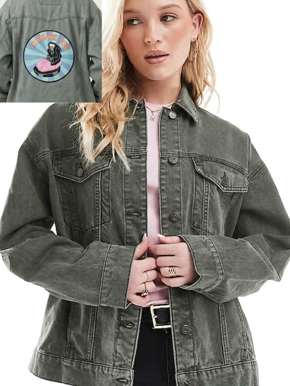 ASOS DIY Muted Green Vintage Wash Denim Jacket with Back Patch Design